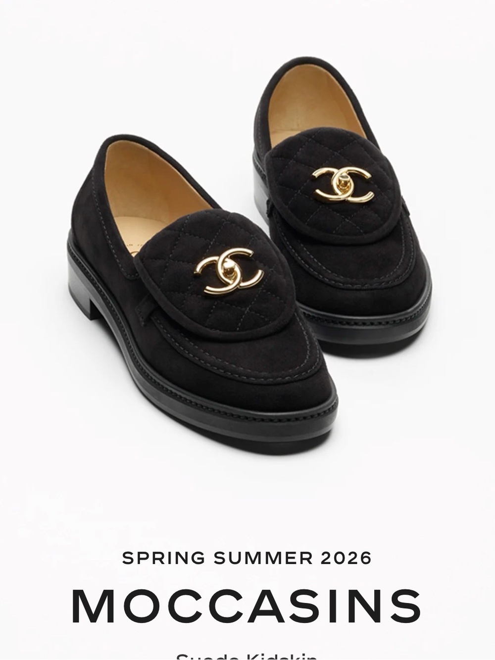 CHANEL Black Suede Quilted CC-Emblem Loafers
